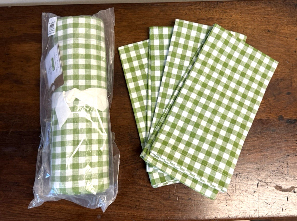 Pottery Barn Green Gingham Table Throw 50x50 & 4 Cotton Napkins Set NEW